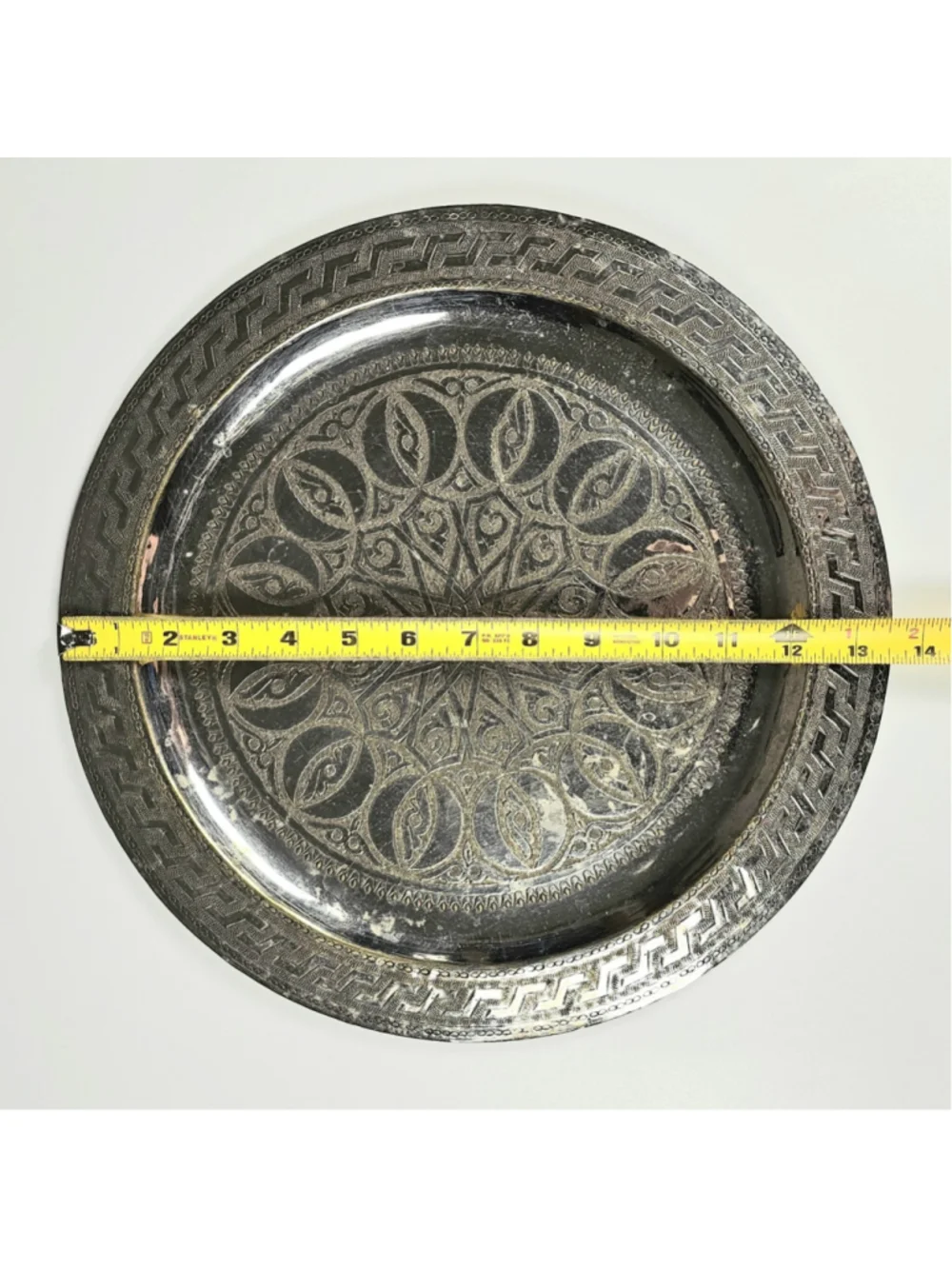 Vintage Moroccan Tea Tray Silver Plated Hand Engraved Geometric 13.5